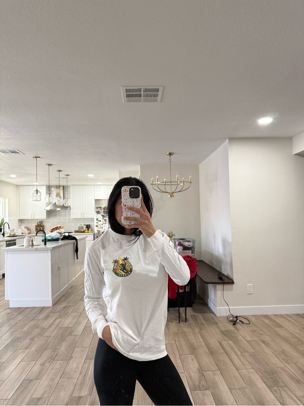 White Long Sleeve Tee with Green & Gold Crest Graphic